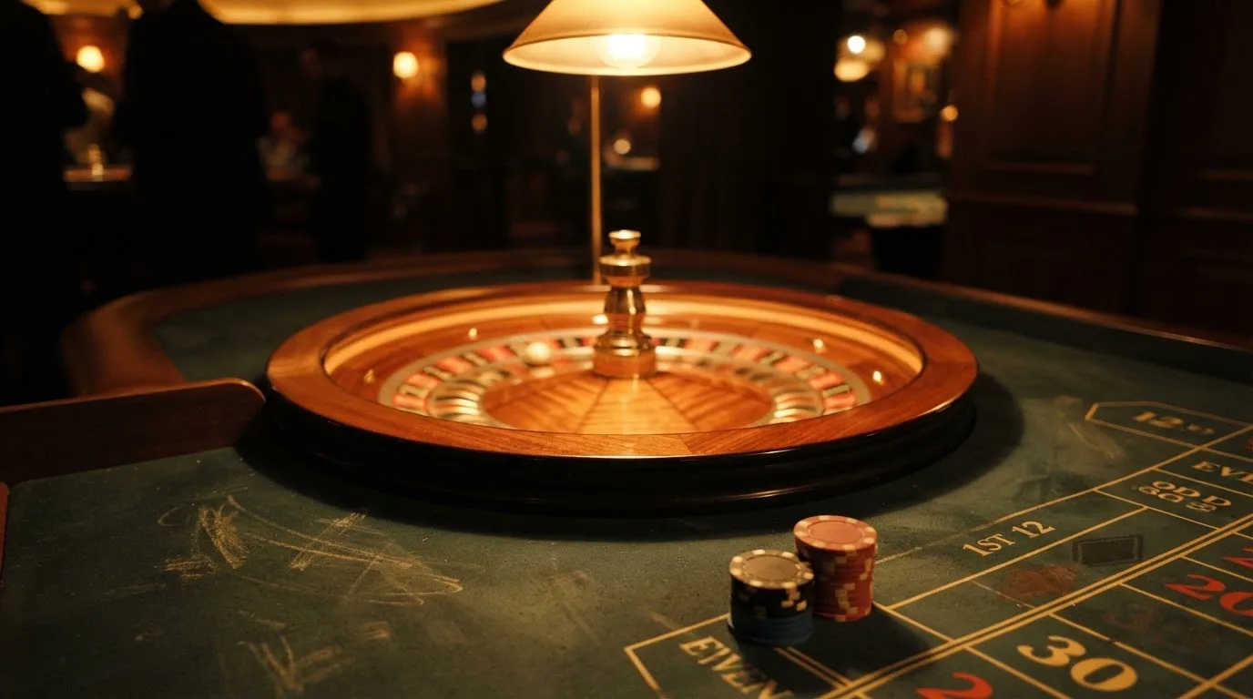 Roulettehjul och spelmarker på grön filt i varmt kvällsljus — 10 euro casino i sverige