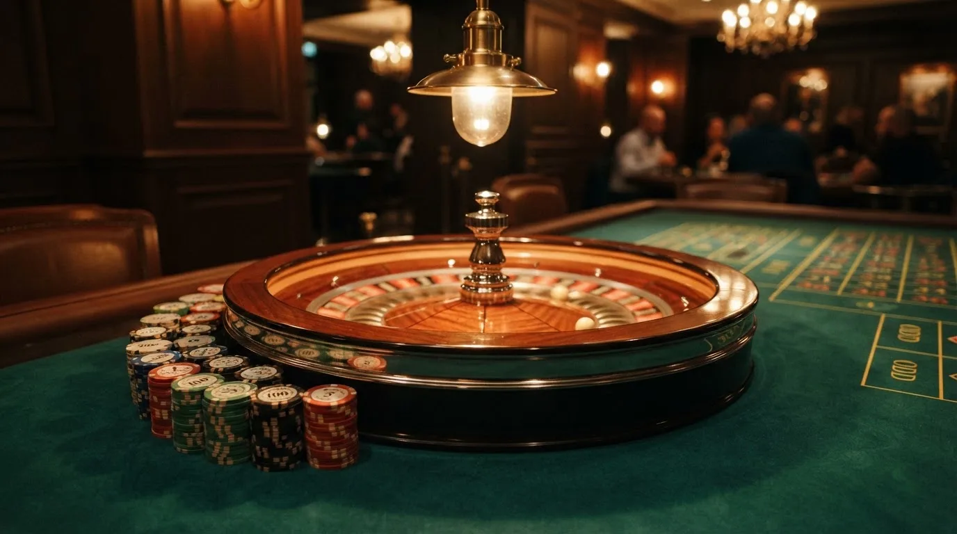 Roulettehjul och spelmarker på grön filt i varmt kvällsljus — 10 free spins casino i sverige