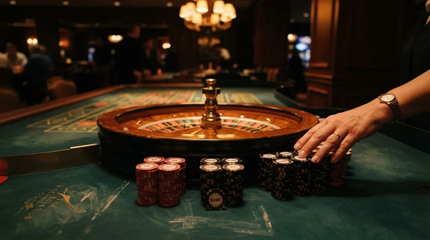 Roulettehjul och spelmarker på grön filt i varmt kvällsljus — 10 kr casino i sverige