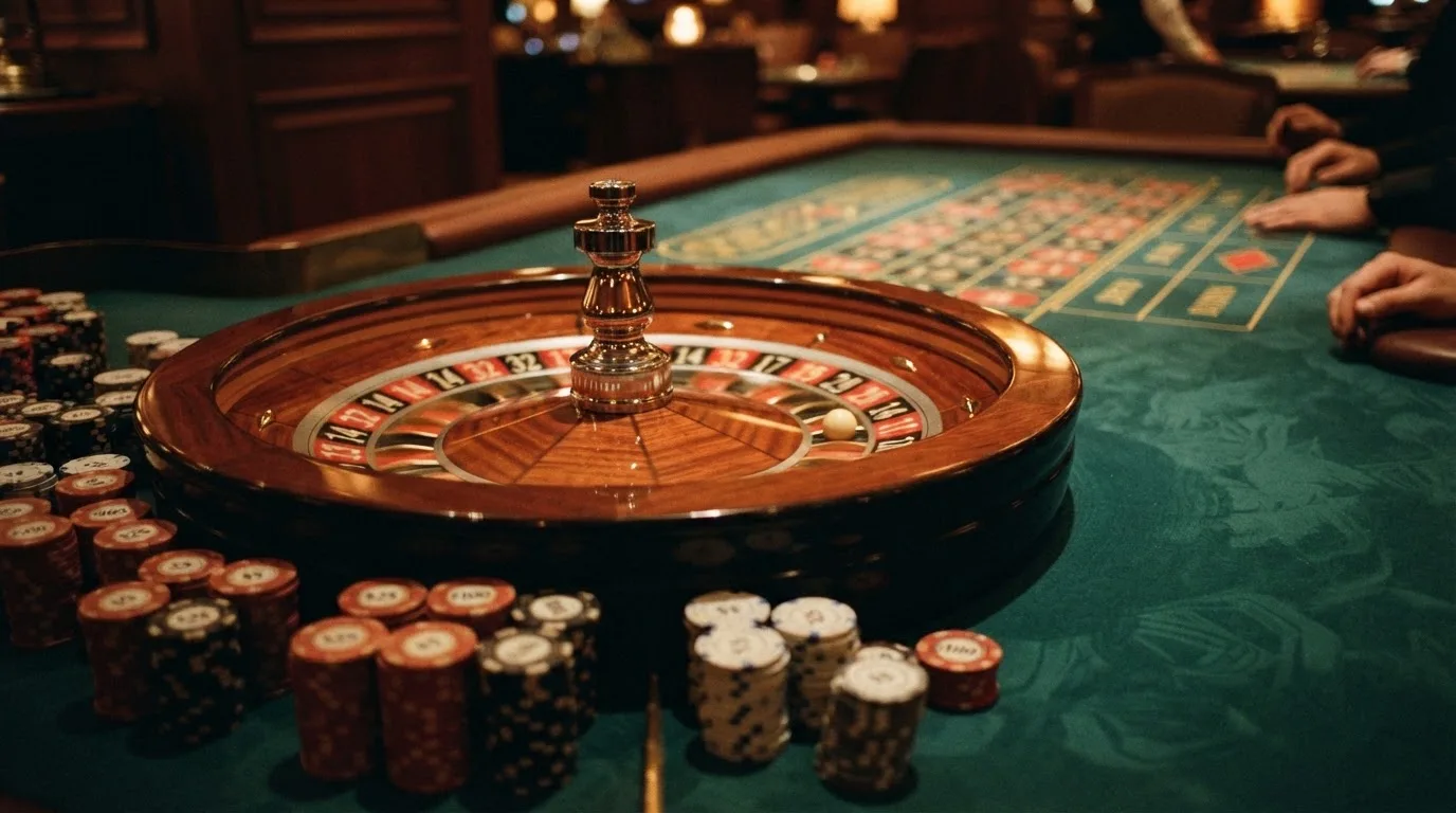 Roulettehjul och spelmarker på grön filt i varmt kvällsljus — 100 euro casino i sverige