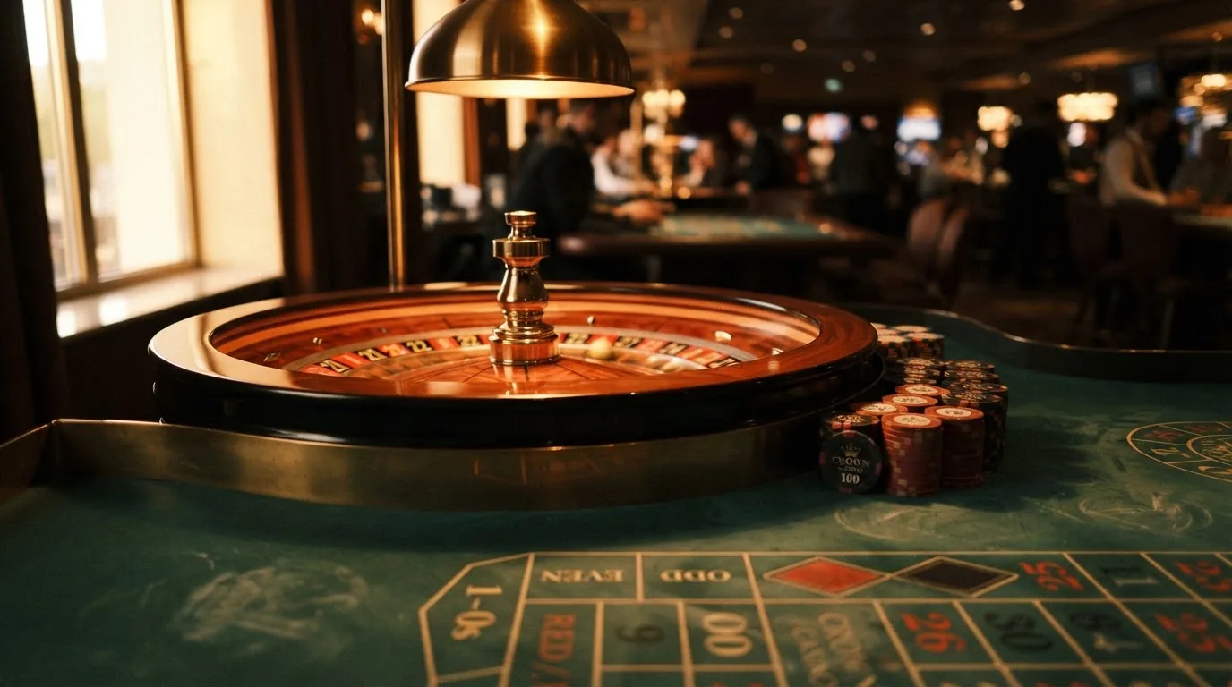 Roulettehjul och spelmarker på grön filt i varmt kvällsljus — 100 free spins casino i sverige