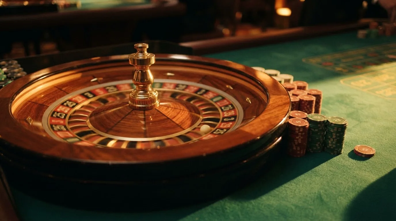 Roulettehjul och spelmarker på grön filt i varmt kvällsljus — 100 kr casino i sverige