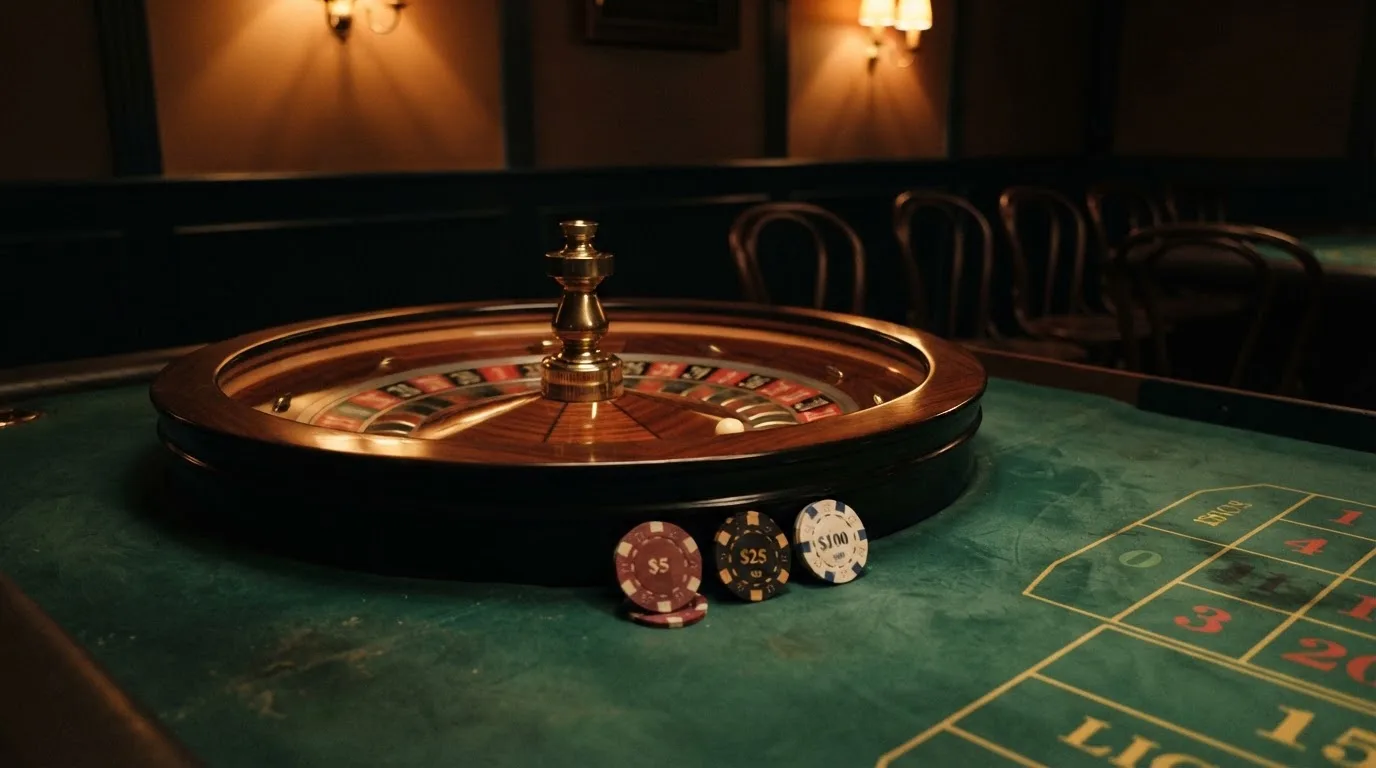 Roulettehjul och spelmarker på grön filt i varmt kvällsljus — 150 free spins casino i sverige