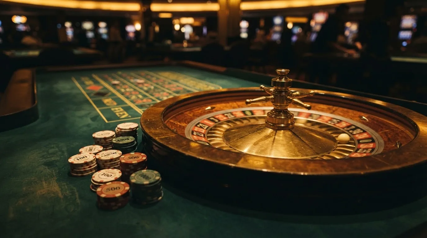 Roulettehjul och spelmarker på grön filt i varmt kvällsljus — 150 kr casino i sverige