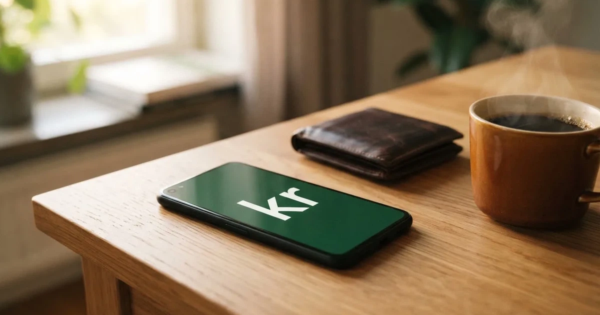 Mobiltelefon på ett träbord bredvid en plånbok och en kopp kaffe — 150 kr casino i sverige