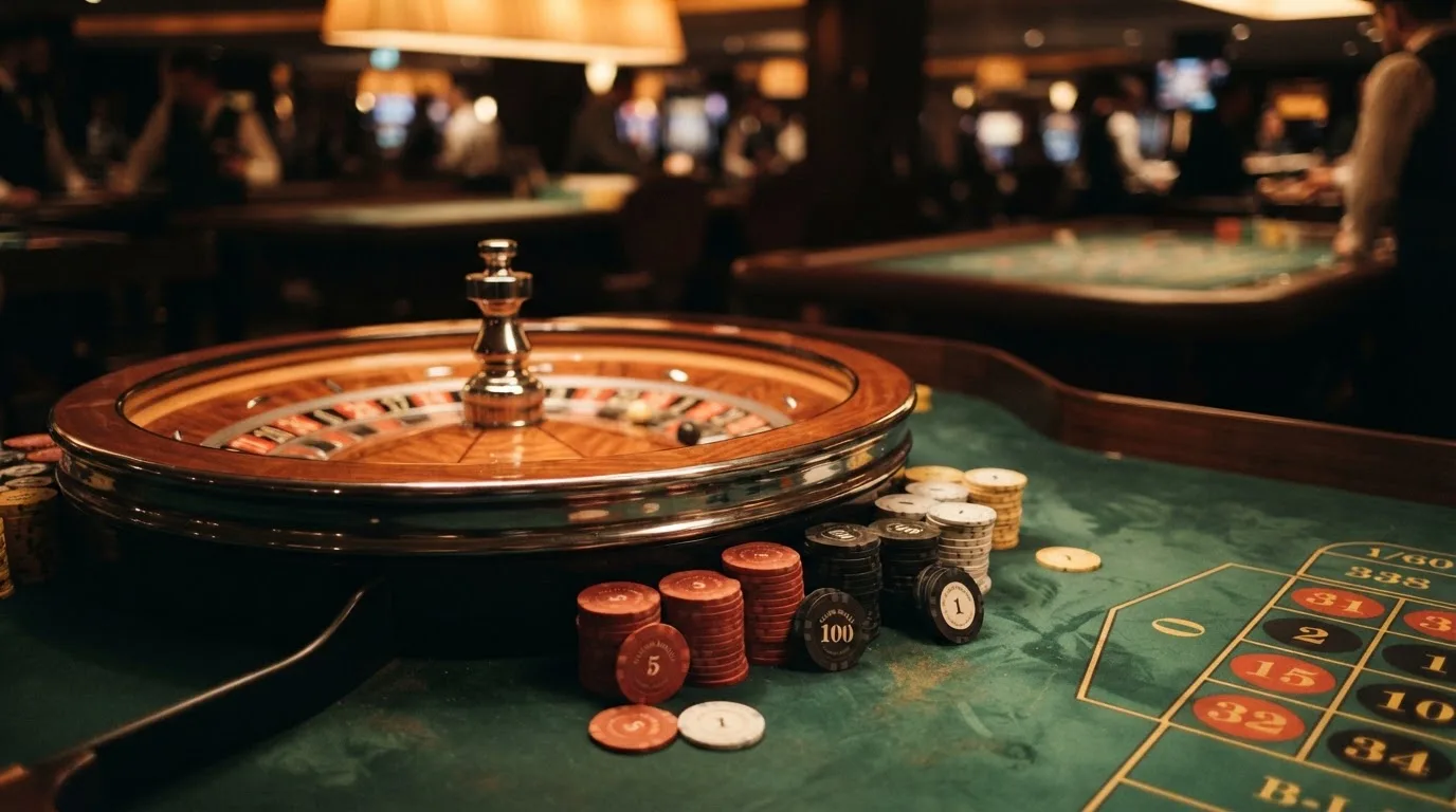 Roulettehjul och spelmarker på grön filt i varmt kvällsljus — bästa blackjack i sverige