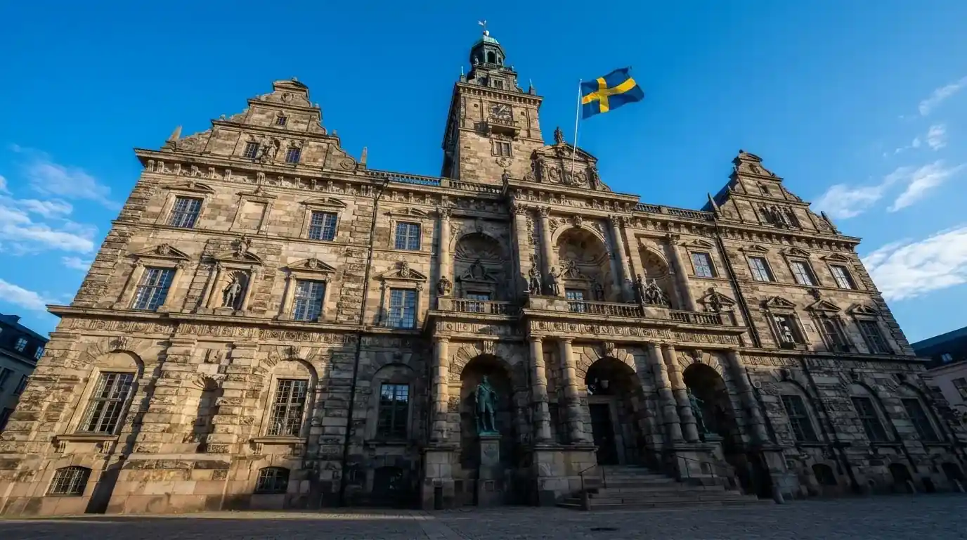 Ett gammalt stadshus i sten fotograferat underifrån mot en klarblå himmel, med den svenska flaggan som fladdrar ovanför entrén.
