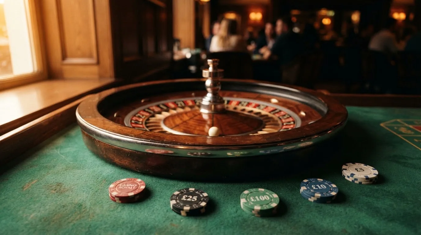 Roulettehjul och spelmarker på grön filt i varmt kvällsljus — blackjack gratis i sverige