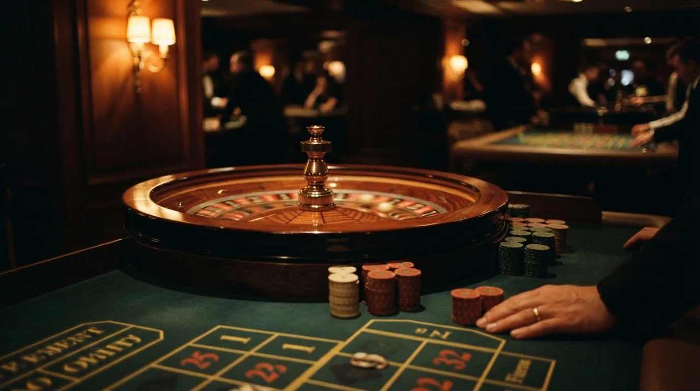 Roulettehjul och spelmarker på grön filt i varmt kvällsljus — blackjack med live dealer i sverige