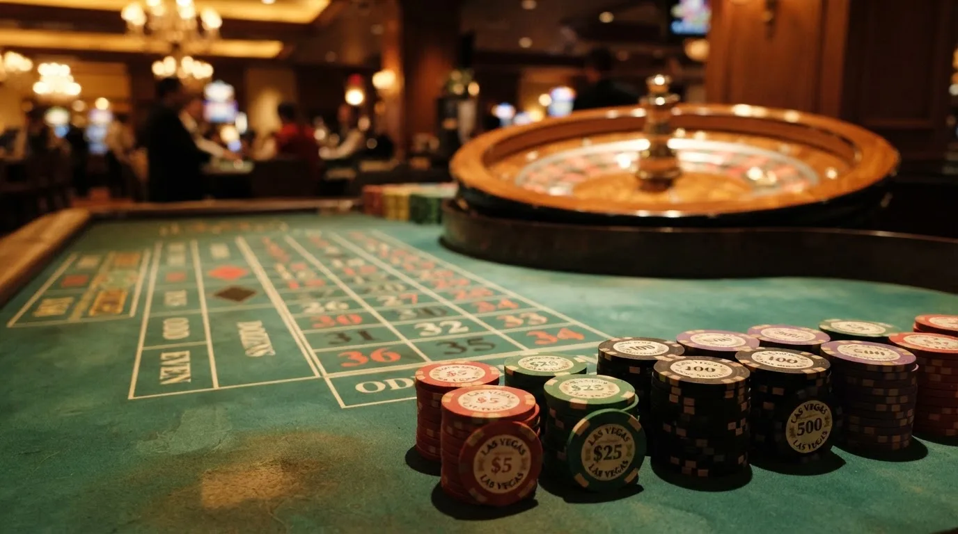 Roulettehjul och spelmarker på grön filt i varmt kvällsljus — blackjack på nätet i sverige