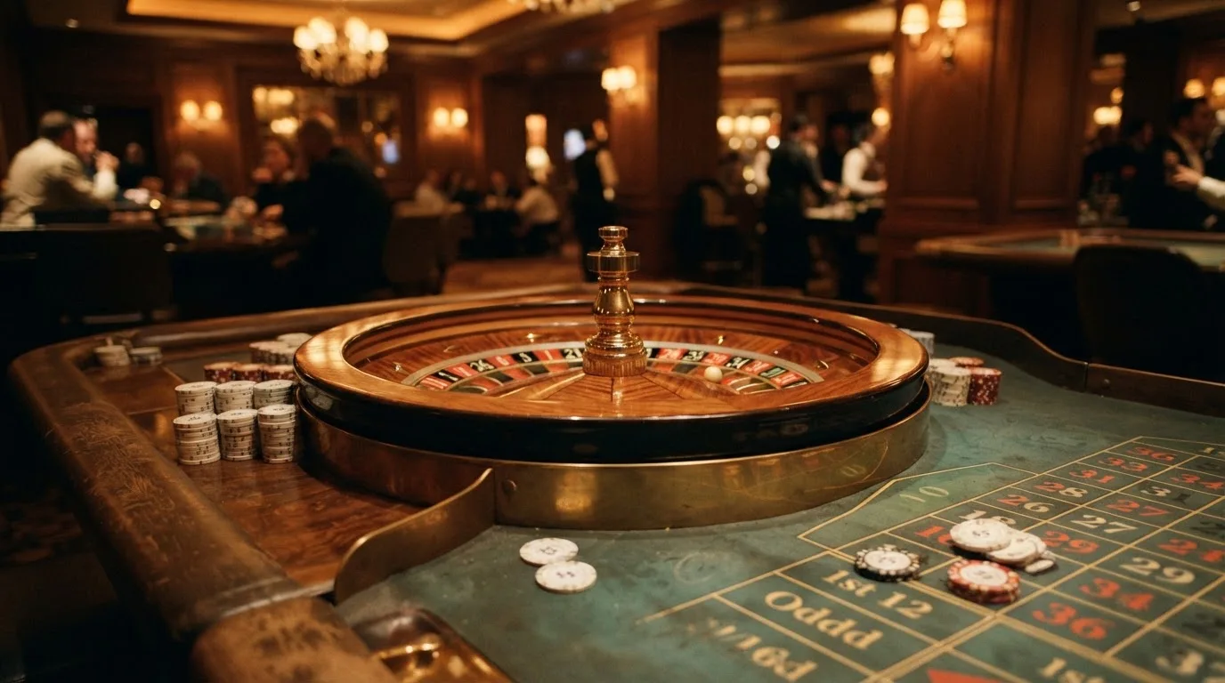 Roulettehjul och spelmarker på grön filt i varmt kvällsljus — bra svenska casinon
