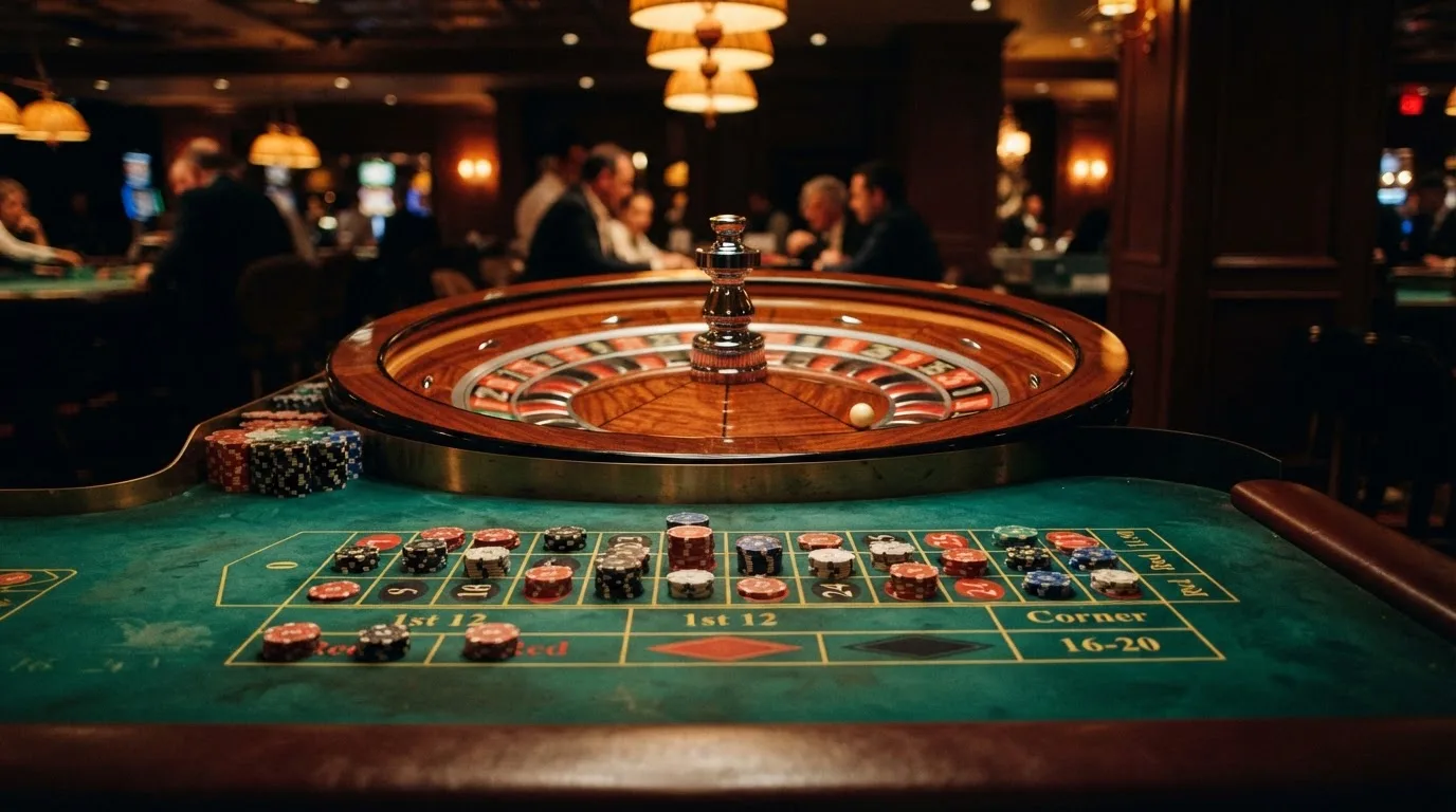 Roulettehjul och spelmarker på grön filt i varmt kvällsljus — casino regler för svenskar