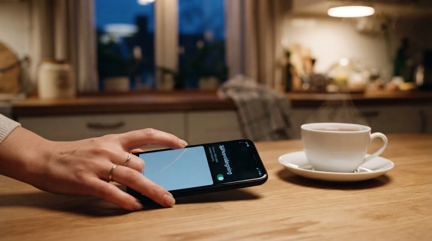 Hand håller en mobiltelefon bredvid en kopp te vid ett köksbord en lugn kväll — casino regler för svenskar