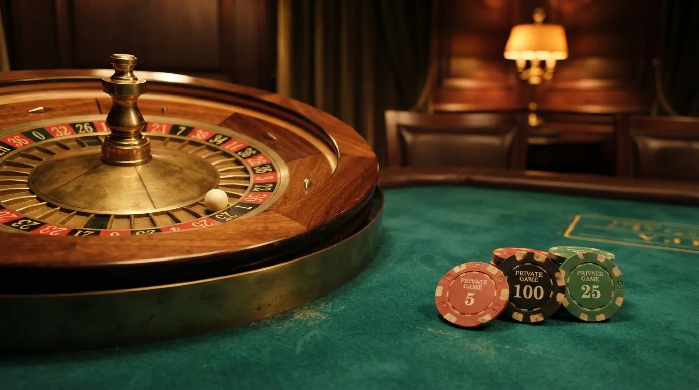 Roulettehjul och spelmarker på grön filt i varmt kvällsljus — casinon med bankid i sverige