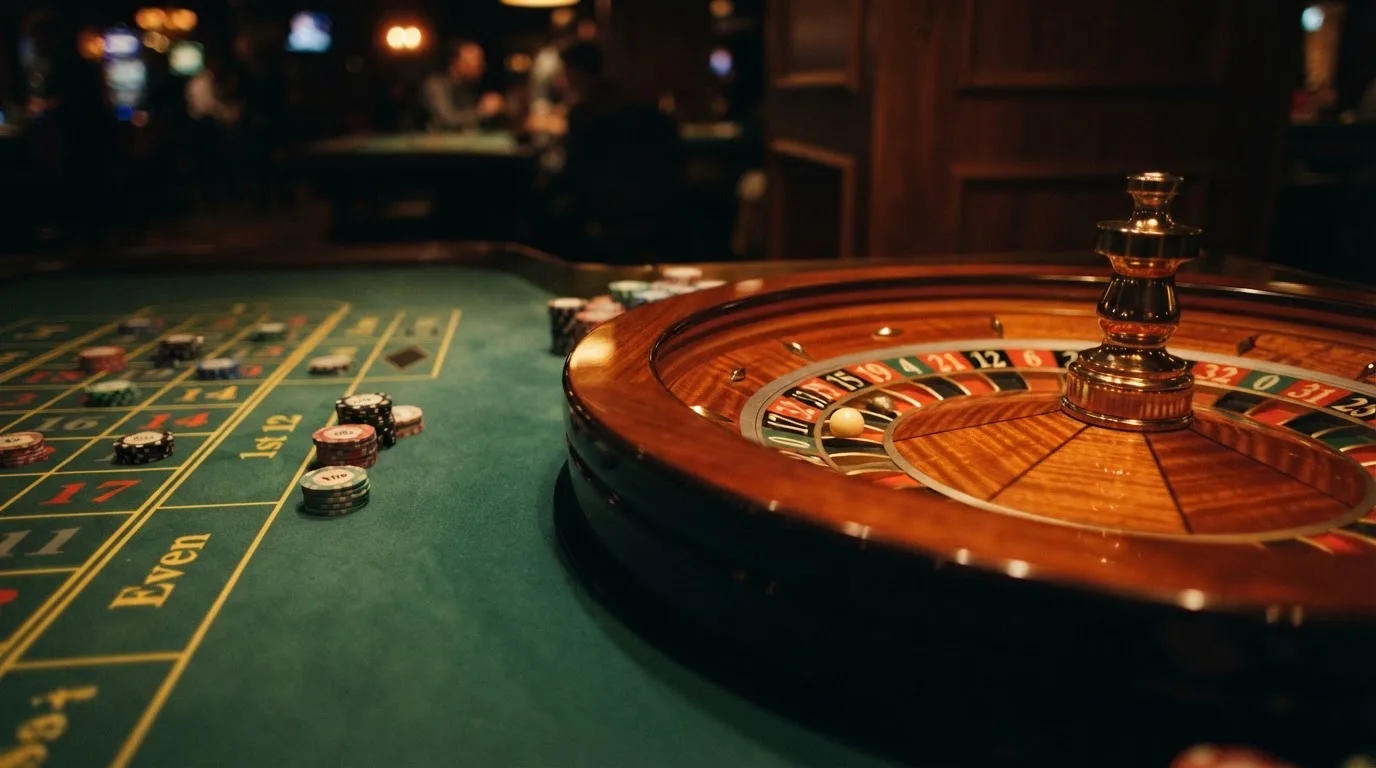 Roulettehjul och spelmarker på grön filt i varmt kvällsljus — casinon med curaçao licens