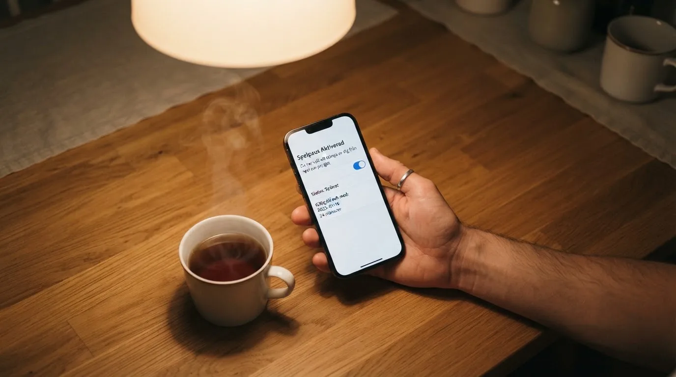 Hand håller en mobiltelefon bredvid en kopp te vid ett köksbord en lugn kväll — casinon med curaçao licens