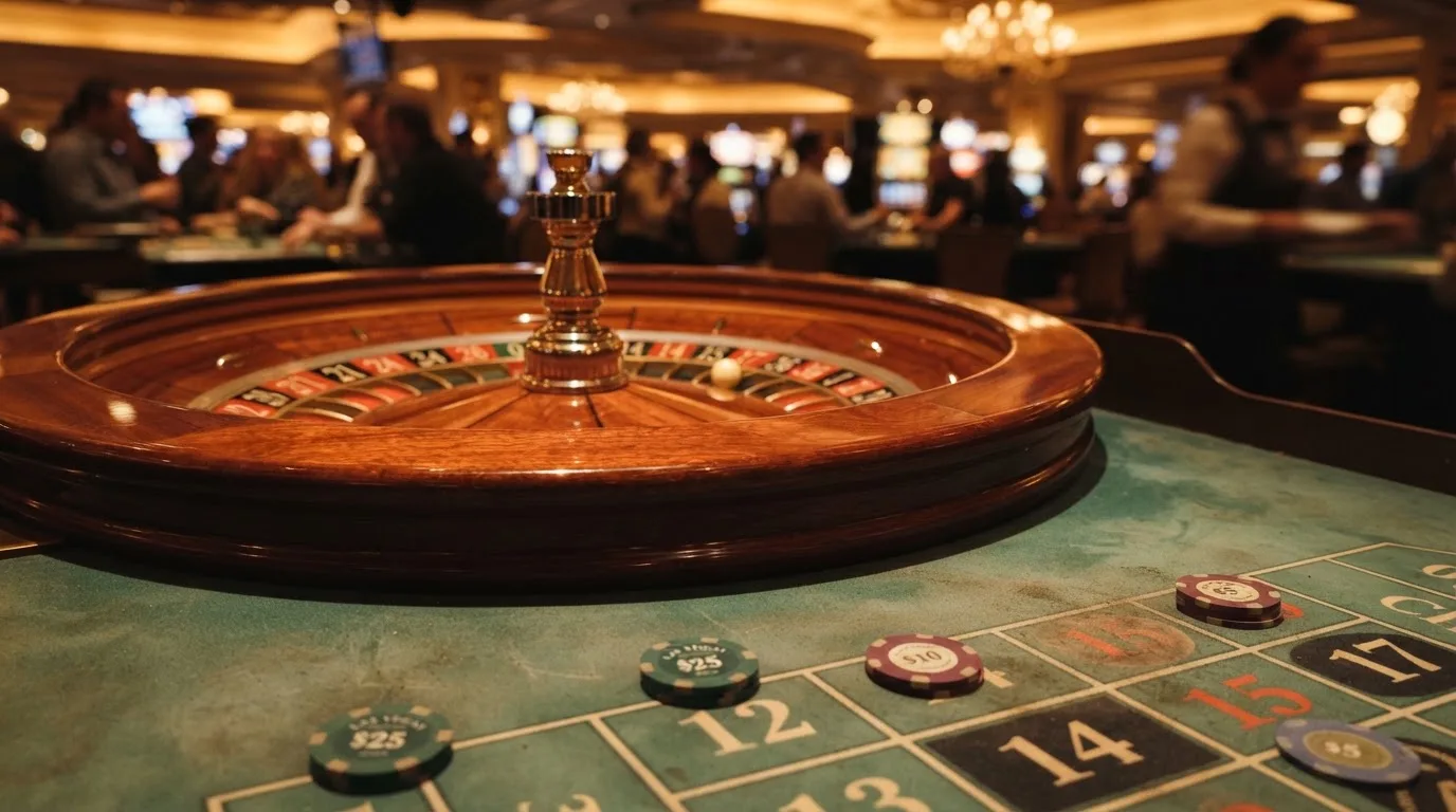 Roulettehjul och spelmarker på grön filt i varmt kvällsljus — casinon med jackpot i sverige