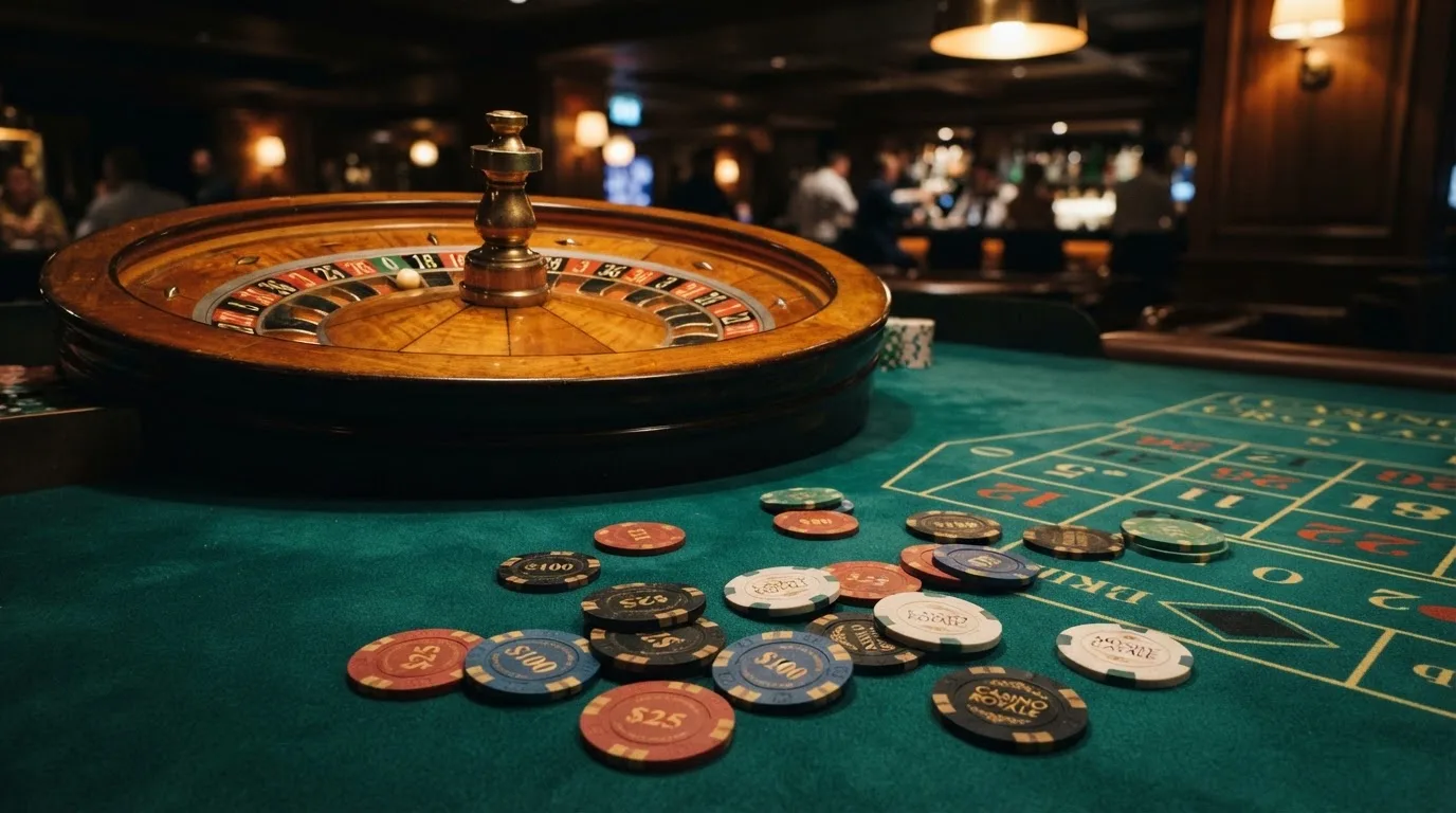 Roulettehjul och spelmarker på grön filt i varmt kvällsljus — casinon med slots i sverige