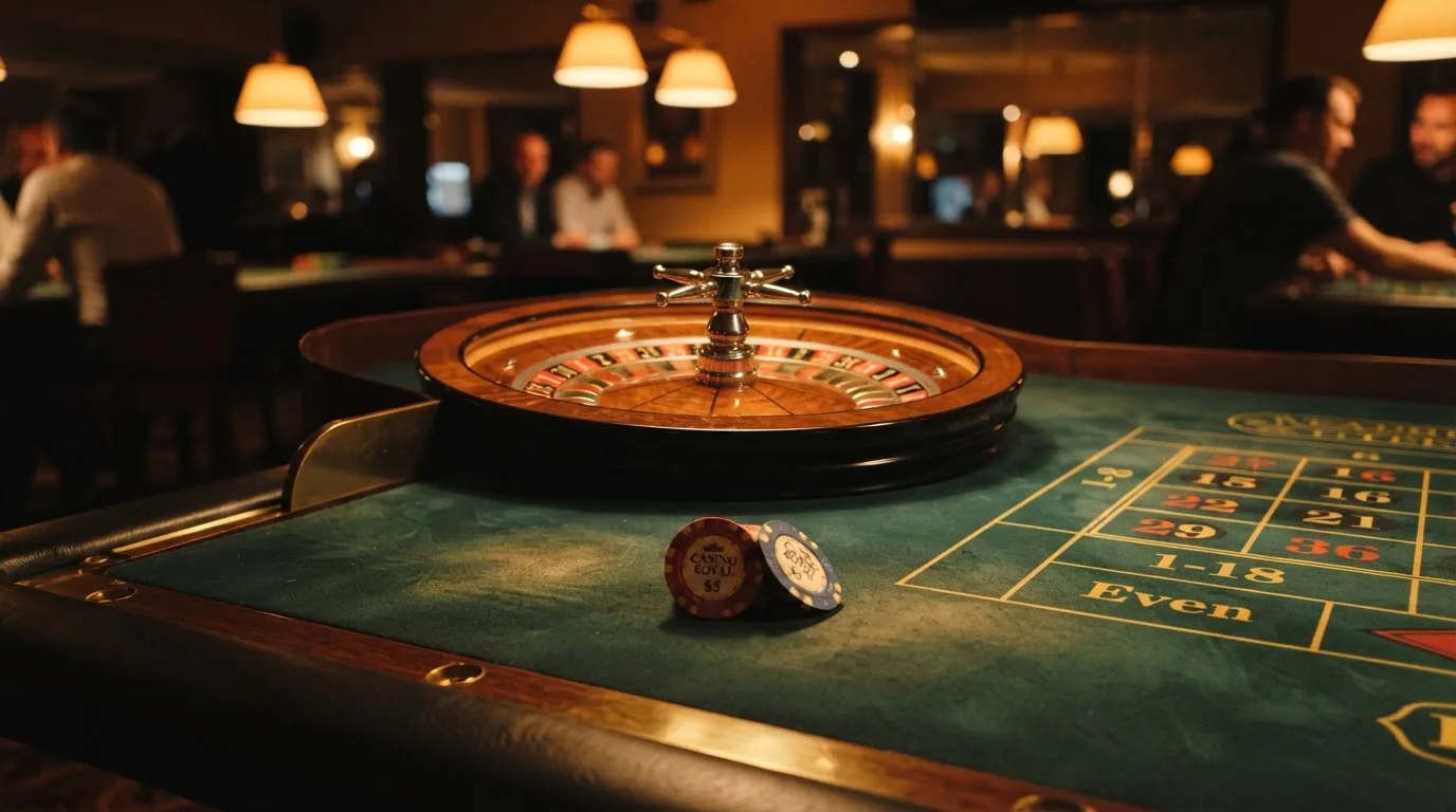 Roulettehjul och spelmarker på grön filt i varmt kvällsljus — casinon med uttag i sverige