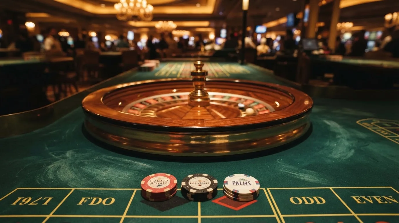 Roulettehjul och spelmarker på grön filt i varmt kvällsljus — casinon utan bankid i sverige