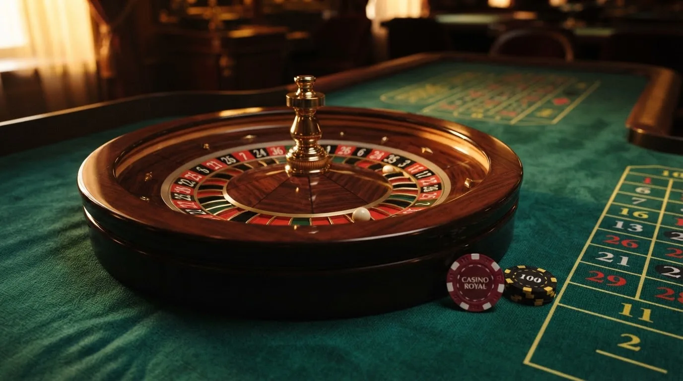 Roulettehjul och spelmarker på grön filt i varmt kvällsljus — casinon utan spelgräns i sverige