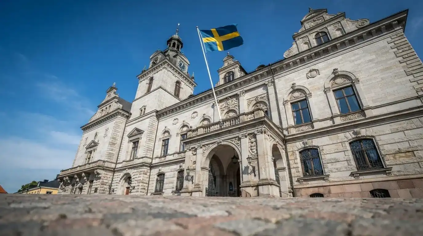 Ett gammalt stadshus i sten fotograferat underifrån mot en klarblå himmel, med den svenska flaggan som fladdrar ovanför entrén.