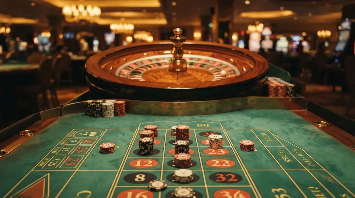 Roulettehjul och spelmarker på grön filt i varmt kvällsljus — lightning roulette i sverige