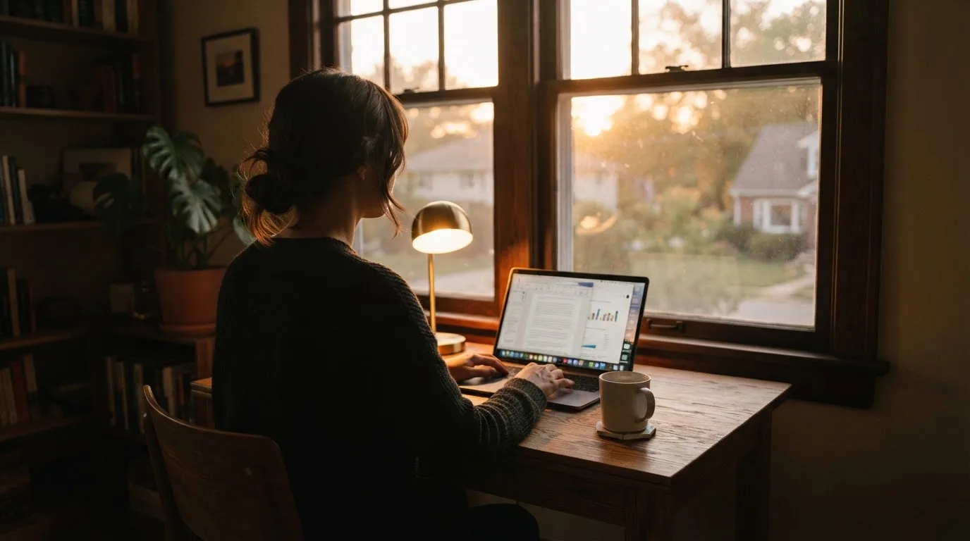 En person sitter vid ett skrivbord hemma med en kopp kaffe och tittar ut genom fönstret medan kvällsljuset faller in mjukt.