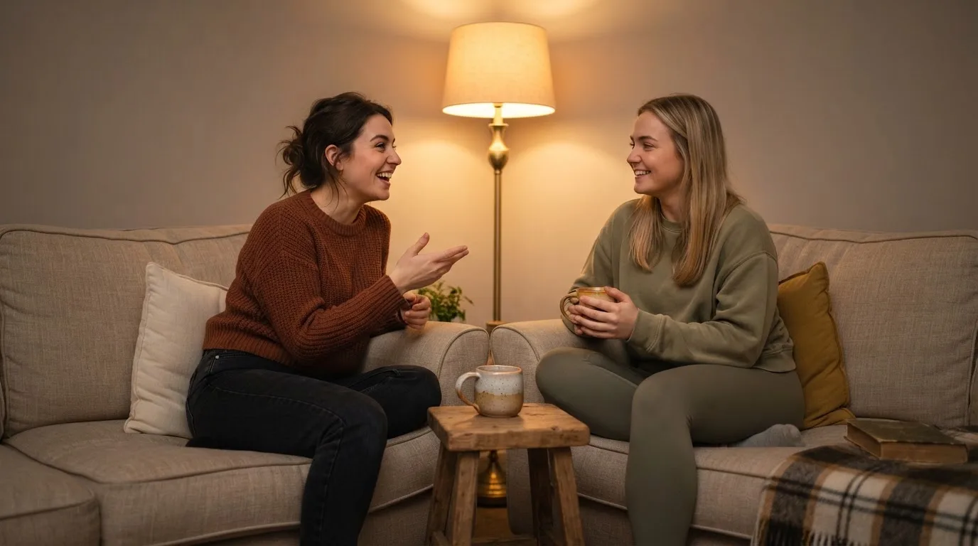 Två vänner sitter i en soffa och samtalar avslappnat i ett mjukt upplyst vardagsrum en lugn kväll.