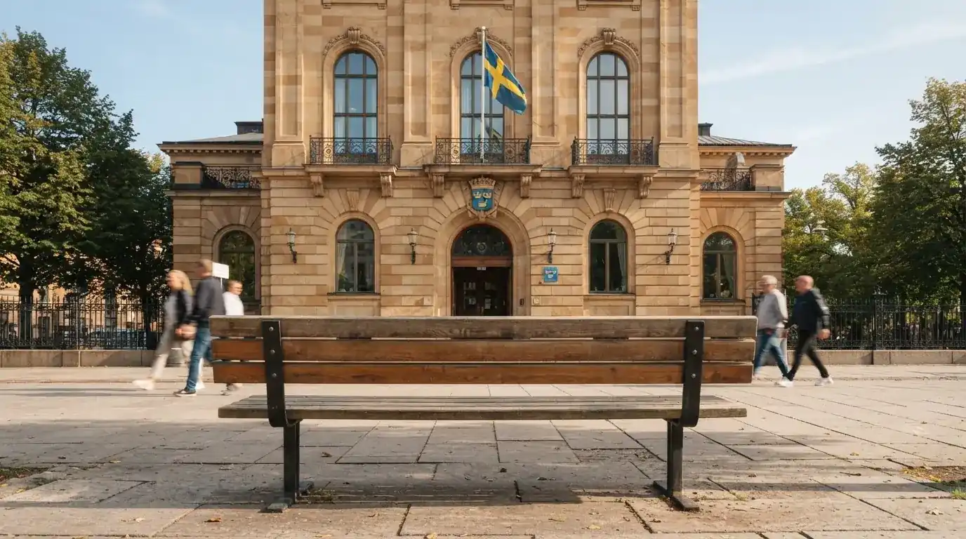 En parkbänk står i förgrunden utanför en myndighetsliknande byggnad, med suddiga förbipasserande människor i bakgrunden en solig dag.