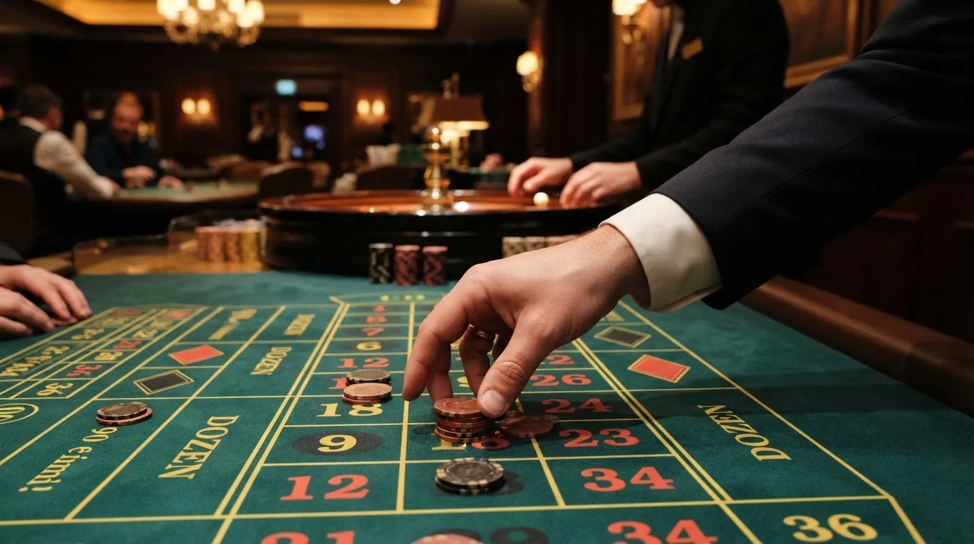 En croupiers hand sträcker sig mot ett rött och svart roulettebord med marker utspridda över de numrerade fälten.