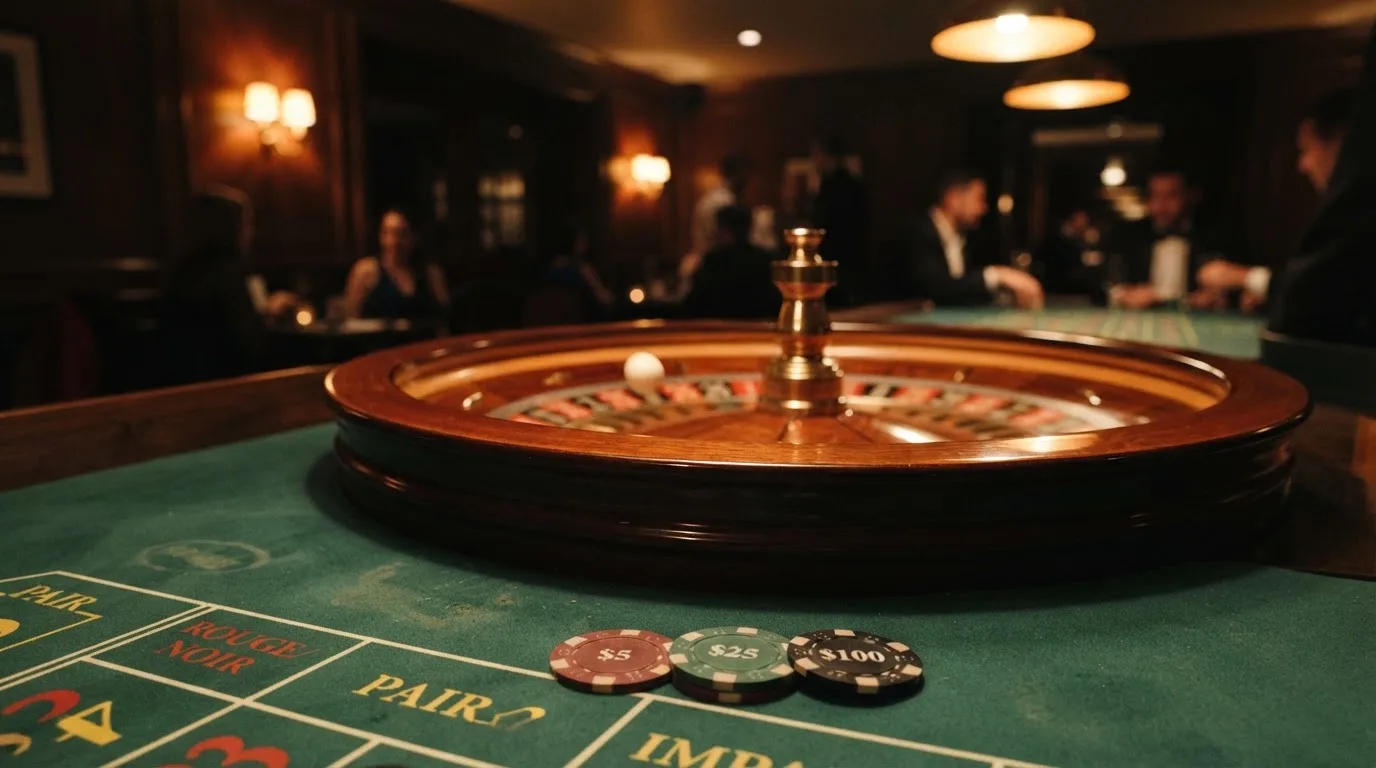 Roulettehjul och spelmarker på grön filt i varmt kvällsljus — svenska casinon med bitcoin