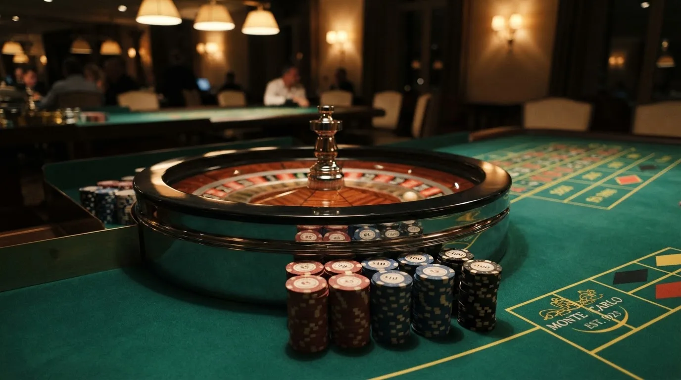 Roulettehjul och spelmarker på grön filt i varmt kvällsljus — svenska casinon med dogecoin