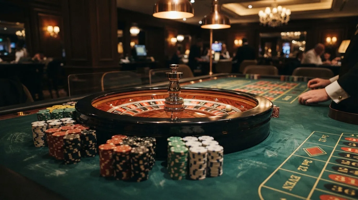 Roulettehjul och spelmarker på grön filt i varmt kvällsljus — svenska casinon på android